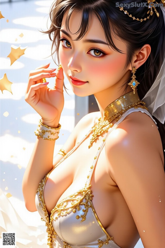 A woman in a white dress with a gold necklace and earrings.
