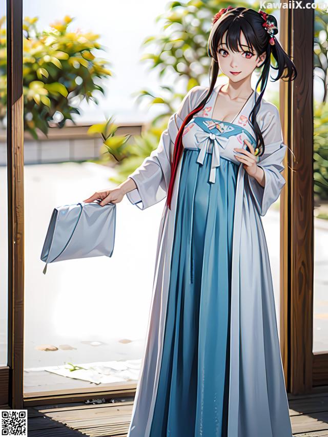 A woman in a blue and white dress holding a blue bag.