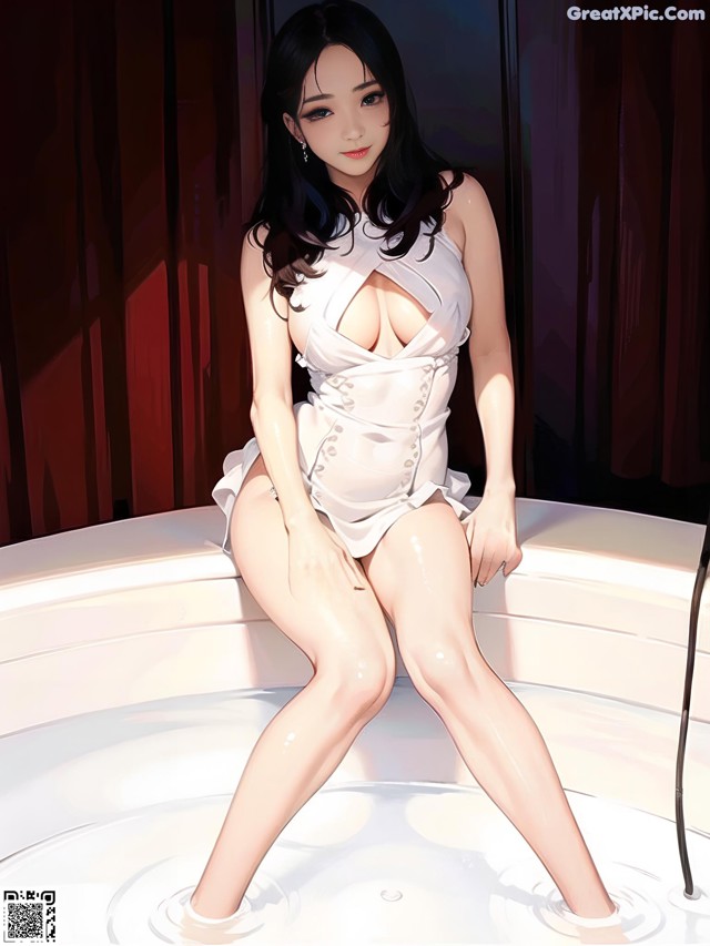 A woman in a white dress sitting in a bathtub.