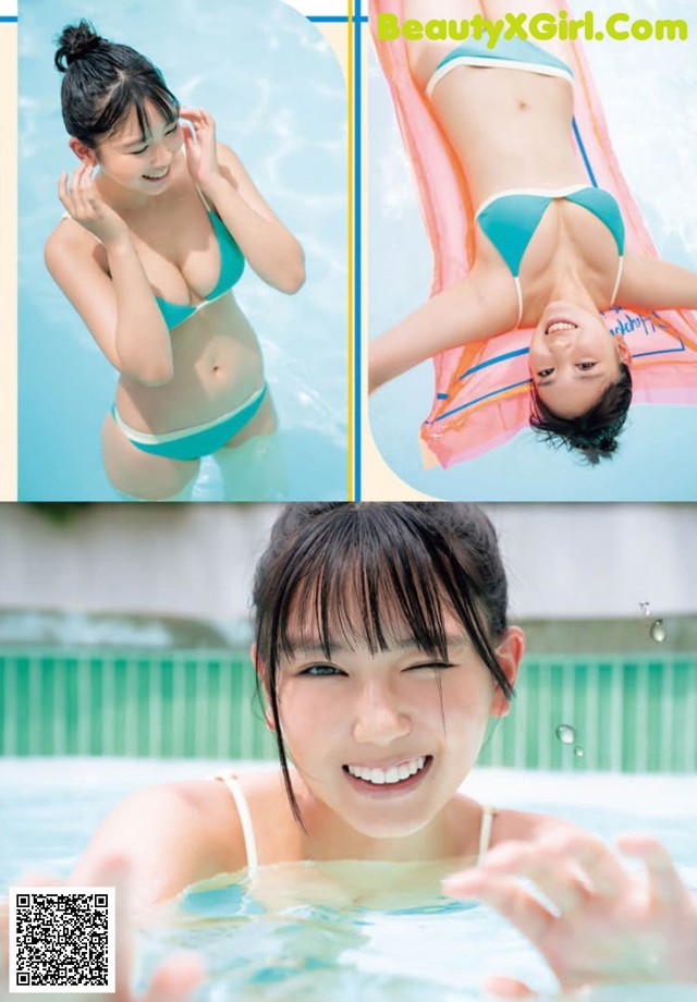 A woman in a blue bikini in a pool.