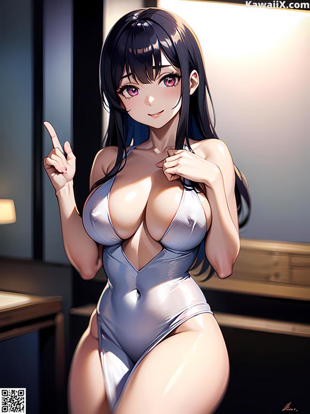 A woman in a silver bodysuit pointing at the camera.