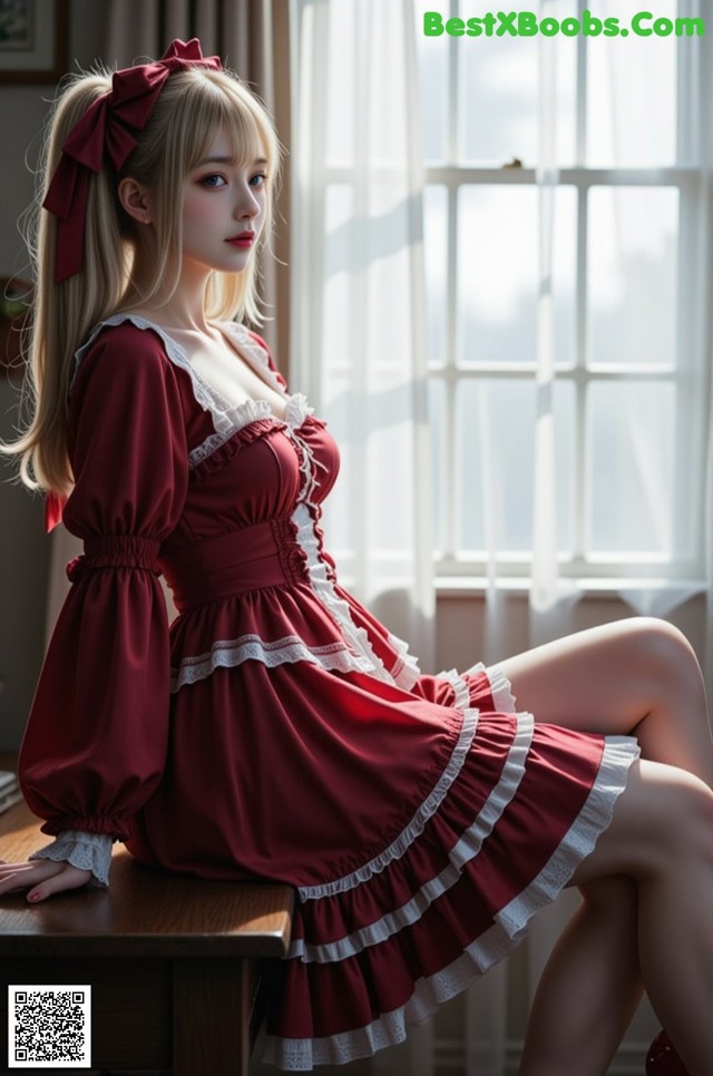 A woman in a red dress sitting on a table.