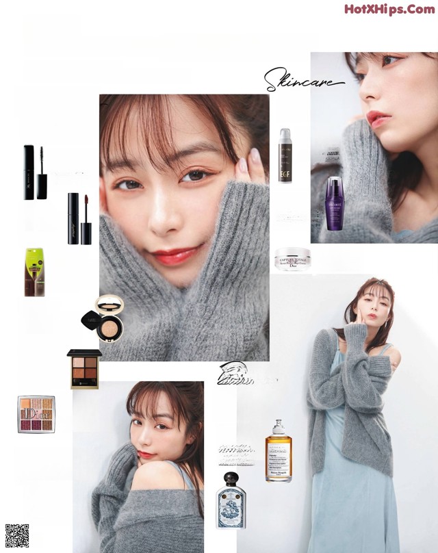 A magazine page with a picture of a woman in a gray sweater.
