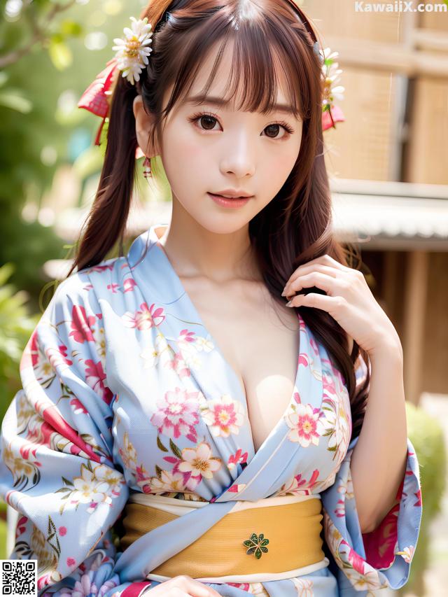 A woman in a blue kimono posing for a picture.