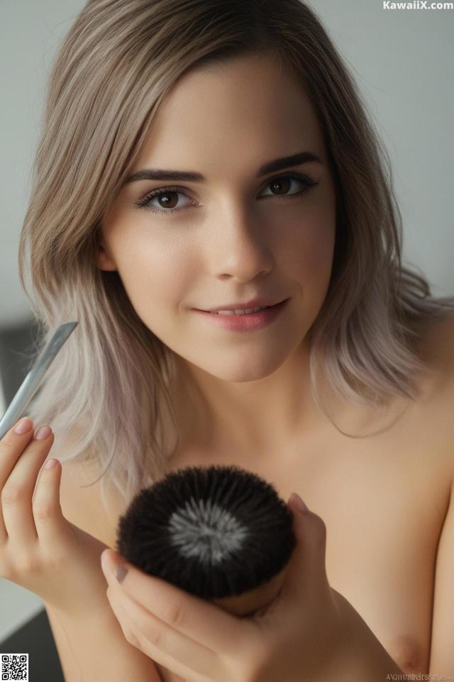 A woman holding a makeup brush in her hand.