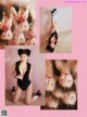 A collage of photos of a woman in a black bathing suit.